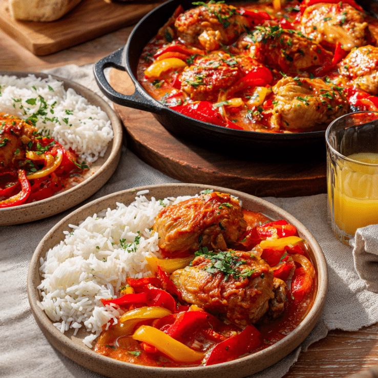 Pollo a la Basquaise con pimientos y tomate estilo País Vasco en cocotte - La Despensería
